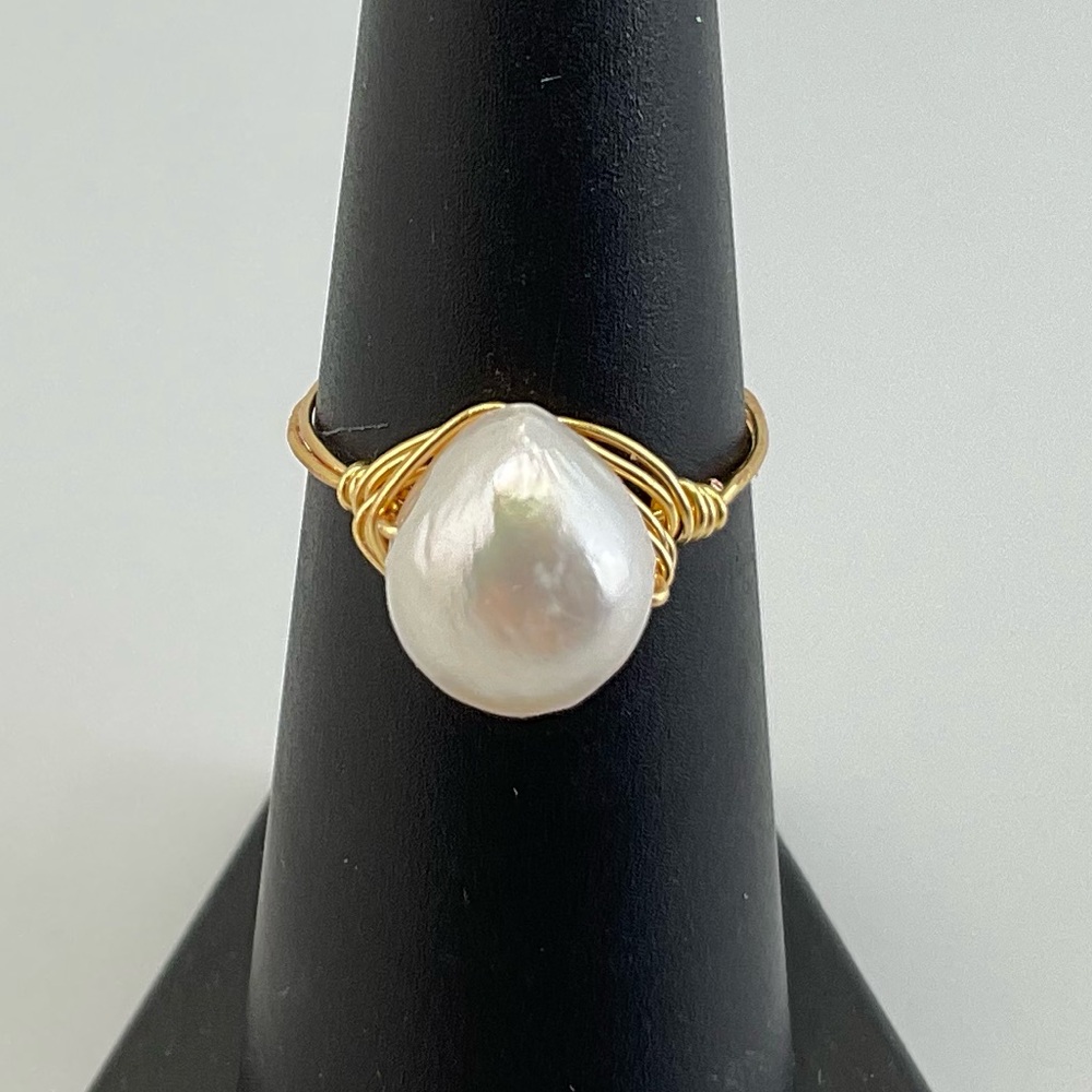 White Baroque Pearl Ring, Handmade,  Wire Wrapped, Size 7, Cocktail Ring